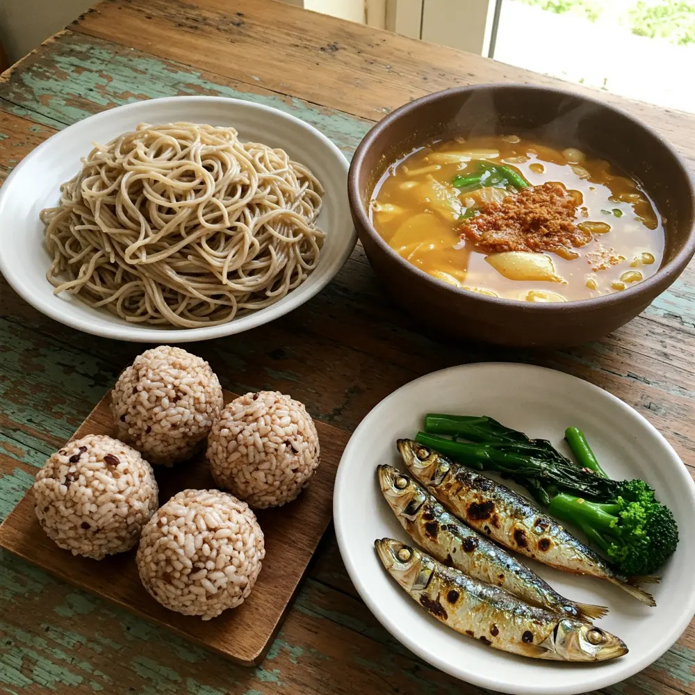 통밀-국수-청국장-찌개-브로콜리-겉절이-정어리-구이-현미-주먹밥-식단